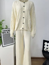 Cream-colored cable-knit cardigan with dark buttons, Cable Knit Cardigan set