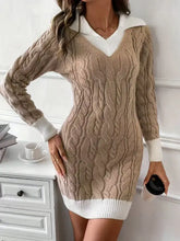 Cable knit contrast trim sweater dress in beige with white ribbed trim