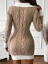 Cable knit contrast trim sweater dress in beige with white ribbed collar and cuffs
