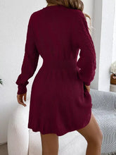 Cable Knit Long Sleeve Sweater Dress in maroon ribbed texture
