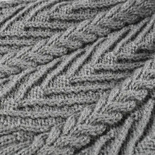 Close-up of grey cable knit solid color hat with chevron pattern