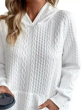 White cable texture hoodie with side button featuring a cozy cable knit pattern and ribbed cuffs, slightly stretchy and machine wash cold