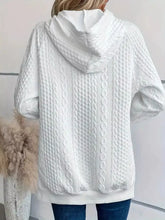 White cable texture hoodie with ribbed knit design side button detail and slightly stretchy fabric machine wash cold