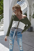 Twisted Waffle-Knit Color Block Buttoned Blouse Army Green Woman Blouses