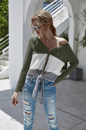 Twisted Waffle-Knit Color Block Buttoned Blouse Army Green Woman Blouses