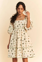 Cactus Printed Poplin Mini Dress with Contrast Piping and Puff Sleeves