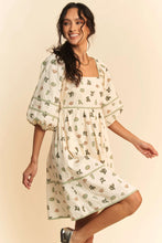 Cactus Printed Poplin Mini Dress with Contrast Piping and Puff Sleeves
