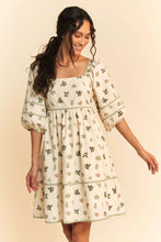Cactus Printed Poplin Mini Dress with Contrast Piping and Puff Sleeves CREAM GREEN