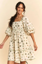 Cactus Printed Poplin Mini Dress with Contrast Piping and Puff Sleeves Casual Dresses