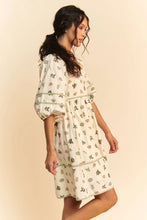 Cactus Printed Poplin Mini Dress with Contrast Piping and Puff Sleeves