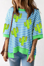 Cactus striped round neck half sleeve T-shirt in blue stripes with green cacti