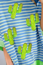 Cactus striped round neck half sleeve T-shirt with green sequin cacti