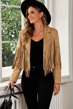 Camel suede fringe trim lapel collar cropped blazer with black details