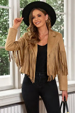 Camel suede fringe trim lapel cropped blazer with black details
