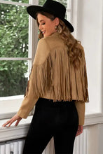 Camel suede fringe trim lapel collar cropped blazer with black details