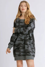 Camo Print Ribbed Hem French Terry Sweatshirt Dress Casual Dresses