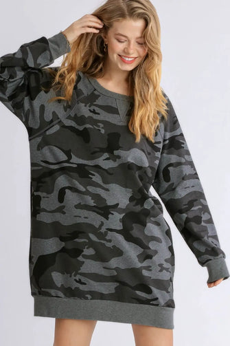 Camo Print Ribbed Hem French Terry Sweatshirt Dress Dark Gray