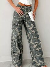 Camo print wide leg cargo jeans in faded gray and beige denim with multiple large pockets