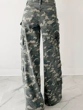 Camo print wide leg cargo jeans in faded gray and beige denim with multiple pockets for casual wear