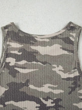 Ribbed knit round neck tank top with muted green and beige camouflage print and sleeveless design
