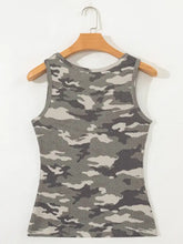 Gray and black camouflage print ribbed knit round neck tank top hanging on wooden hanger with ribbed knit texture