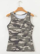 A ribbed knit round neck tank top in gray and white camouflage print hanging on a wooden hanger
