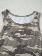 Ribbed knit round neck tank top in olive and beige camouflage pattern with white inner lining