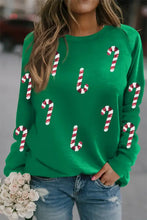 Candy Cane Round Neck Long Sleeve Sweatshirt Dark Green Woman Sweatshirts