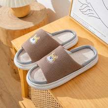 Brown open-toe flats slippers with embroidered corgi faces