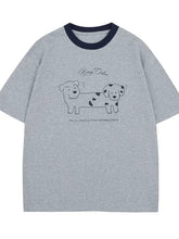 Gray short-sleeved cartoon dogs graphic round neck t-shirt for kids