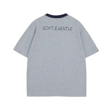 Grey short-sleeved kids T-shirt with cartoon dogs graphic round neck and navy blue ribbed collar