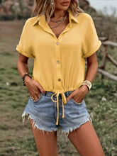 Yellow short-sleeved casual button-down drawstring hem shirt with adjustable waistband for comfortable fit