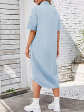 Light blue half sleeve denim dress with collar and buttons for casual wear