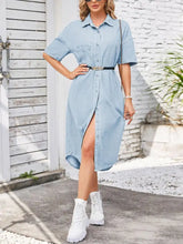Light blue half sleeve denim dress with button front and side slit casual sleeve denim dress