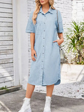Light blue denim dress with half sleeves and button-down front in casual sleeve denim dress style