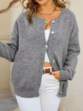 Gray earth tone knit cardigan with silver buttons, slightly stretchy