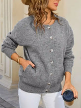 Gray earth tone knit cardigan with silver buttons, relaxed fit, slightly stretchy