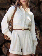 Casual button front long sleeve romper, cream linen, machine wash cold