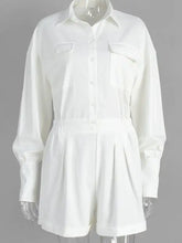 White long-sleeved button-up romper with pockets, pleated waistband, machine wash cold