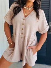 Casual button-front ribbed romper, beige knit, machine wash cold