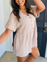 Casual button-front ribbed romper, beige knit, machine wash cold