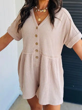 Casual button-front ribbed romper, beige knit, machine wash cold