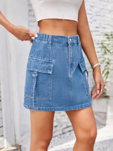 Blue denim skirt with multiple cargo pockets and button closure casual cargo denim skirt design