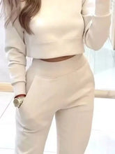 Casual Chic cream cropped fleece sweatshirt and jogger set