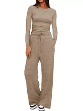 Casual long-sleeved ribbed top and wide-leg jogger pants set in beige