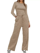 Casual long sleeve beige ruched top and wide-leg pants set