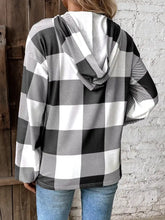 Casual plaid button detail hoodie in black and white with soft fit machine wash cold for easy care