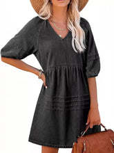 Black denim mini dress with v-neckline and three-quarter puff sleeves perfect casual denim mini dress