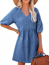 Blue denim mini dress with v-neckline and three-quarter puff sleeves casual denim mini dress for everyday wear