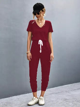Maroon casual V-neck short sleeve drawstring waist jumpsuit, machine wash cold